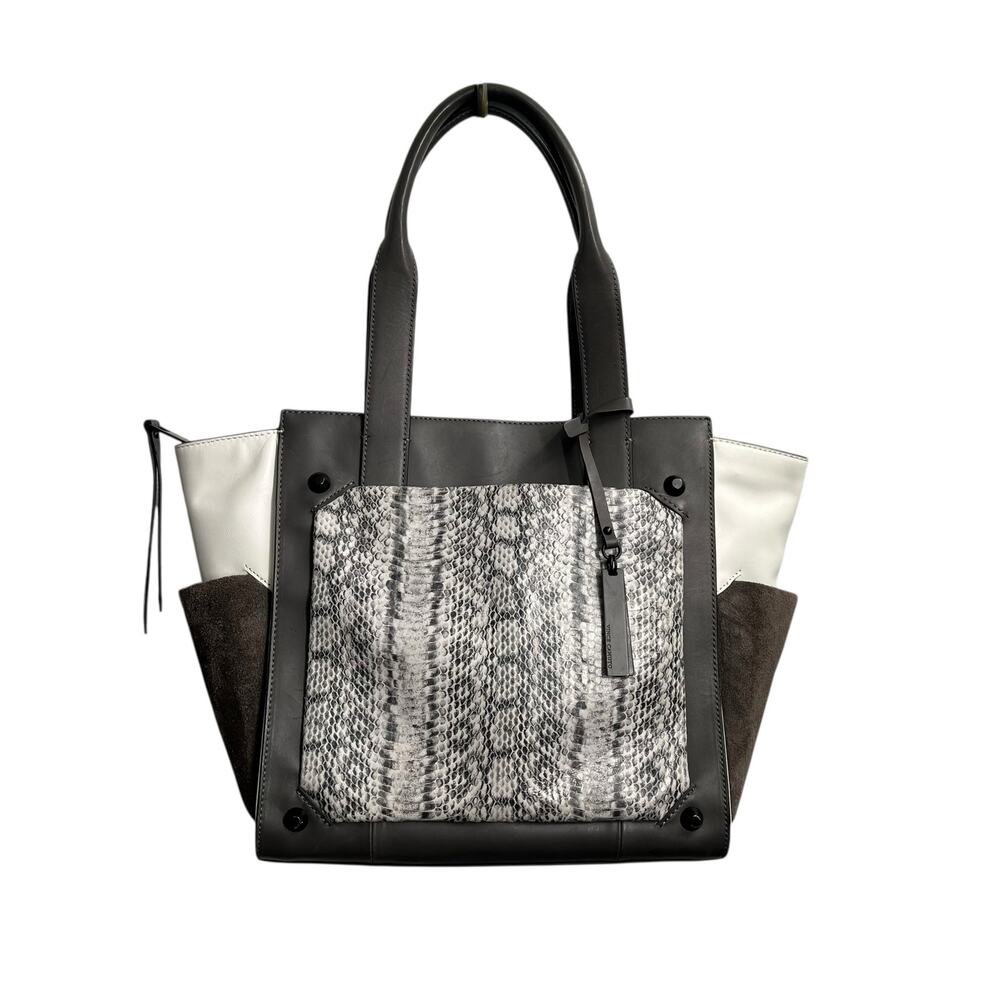 VINCE CAMUTO Women's Gray LeatherSuede  Snakeskin Pocket Leather Tote Bag